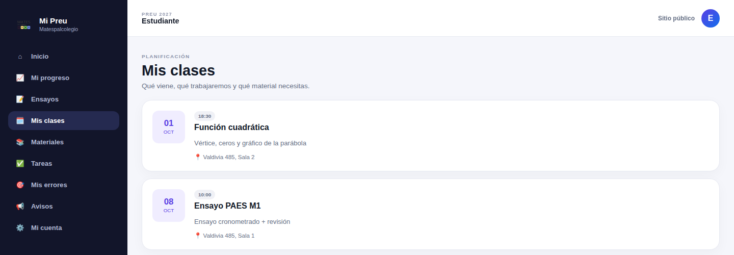 Vista de próximas clases en la intranet del Preu