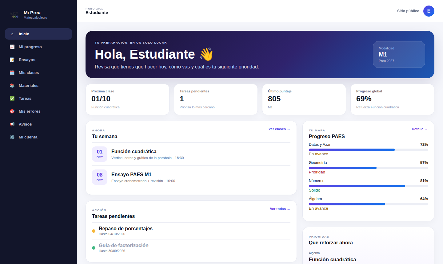 Panel de inicio de la intranet del Preu Matespalcolegio
